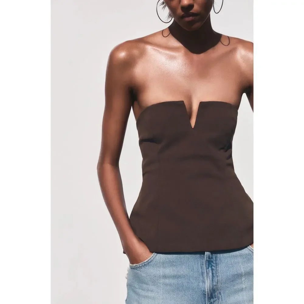 Zara Linen-Look Strapless Bandeau Top in Dark Brown Size Large 4661/052/700 - Picture 3 of 11